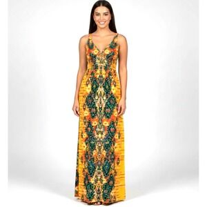 ECI‎ New York Womens Yellow Geometric Print Maxi Dress  4 V Neck Smocked Waist